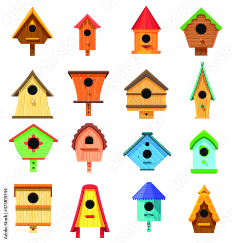 Vector set of birdhouses, cartoon illustraton, handmade craft wooden birdhouses, tree buildings for birds