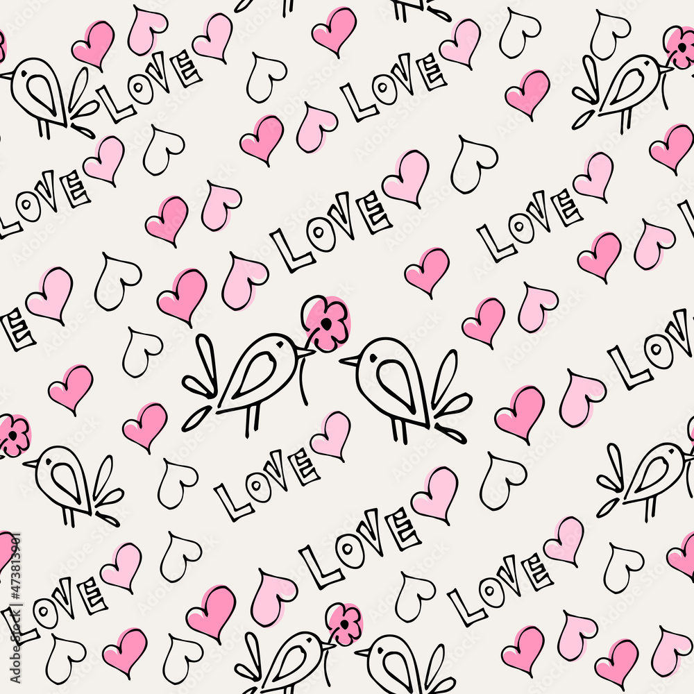 Seamless patterns with birds and hearts. Suitable for fabric, paper, wallpaper, background. 