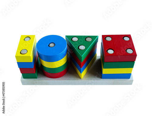 Wooden sorting and stacking educational toy, isolated