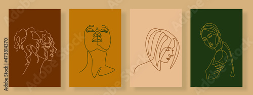 Surreal Faces Continuous line, drawing of set faces and hairstyle, fashion concept, woman beauty minimalist, vector illustration pretty sexy. Contemporary portrait 