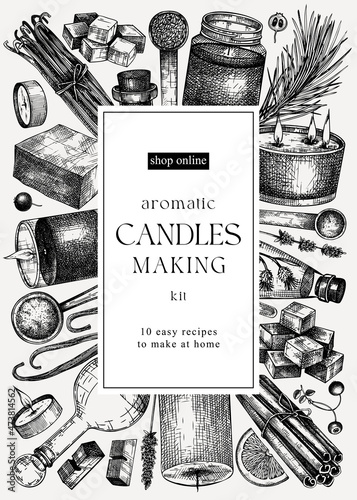 Scented candles card or flyer design. Hand-sketched aromatic materials and natural ingredients for candle making, cosmetics, perfumery. Great template for branding, packaging, identity, web banners.