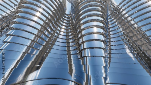 Futuristic architecture background metallic stripes of building facade 3d render