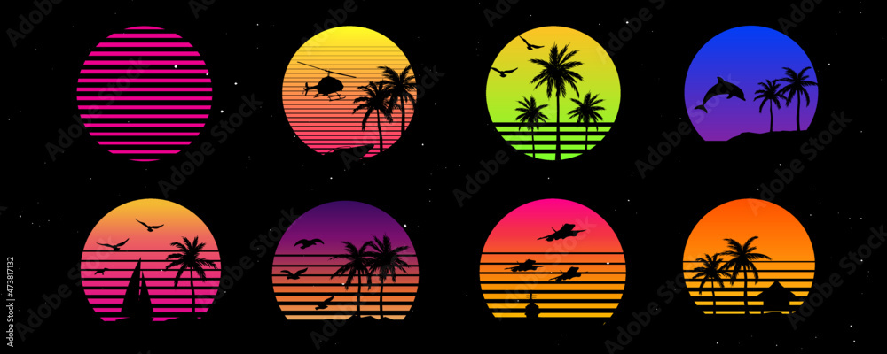 Retro sunset graphic collection. Landscape set with outrun vector elements. Illustration template in 80's style. Palm trees, vehicles, birds.