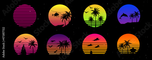 Obraz na płótnie Retro sunset graphic collection. Landscape set with outrun vector elements. Illustration template in 80's style. Palm trees, vehicles, birds. w salonie