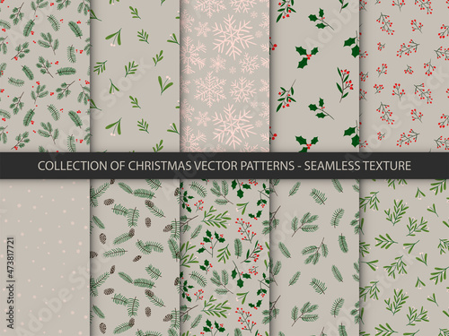 Collection of 10 winter hand drawn seamless patterns. Christmas vector textures. Happy New Year wrapping backgrounds