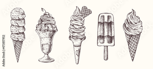 Vector hand drawn ice cream illustration in vintage engraved style.  Different types of ice cream. Dessert, sweets, menu design, restaurant, shop. Isolated on white background.