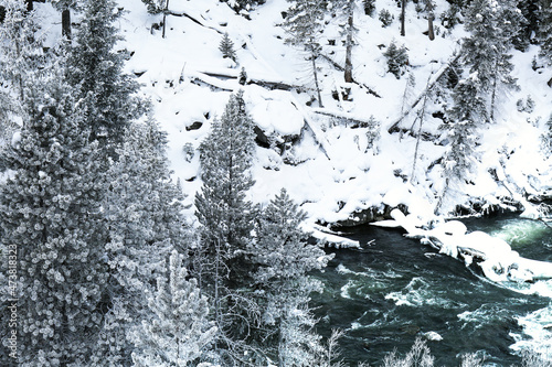 Beautiful winter landscape with snow covered trees and river in Yosemite National Park.