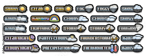 Vector set of Weather Icons, lot collection of various cut out illustrations of dark decorative weather icons, banner with group variety isolated cartoon design weather concepts on white background