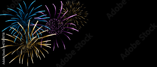 Beautiful fireworks with shining sparks at night sky. Vector illustration