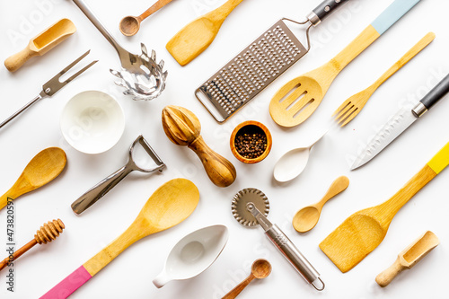 Pattern of kitchen utensils and cookware. Flat lay, top view