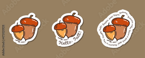 Colorful hand-drawn autumn sticker set with oak acorns in doodle style and lettering isolated on white background. Cute vector collection for seasonal decoration.