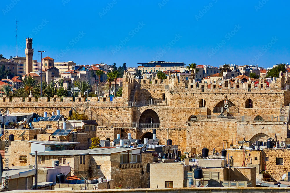 Panoramic view of the Damascus Gate from the roof the Austrian Hospice of Holy Family, a refuge for itinerant pilgrims, was opened in 1854 by Catholic Church of Austria in Holy Land. Jerusalem, Israel
