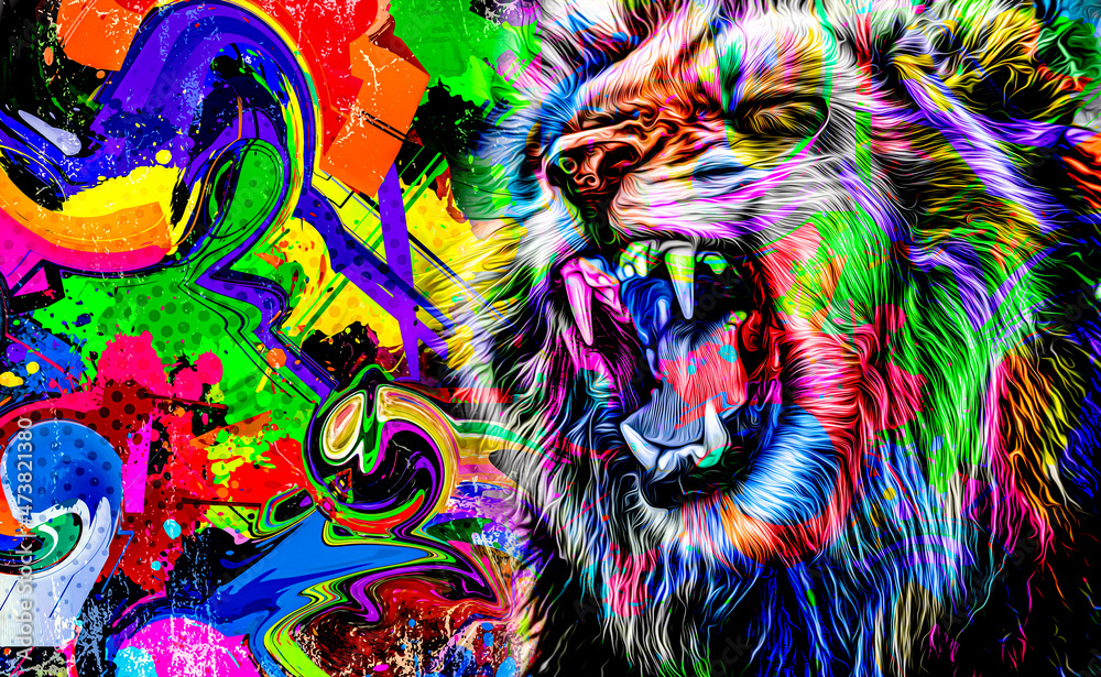 Fototapeta premium Colorful artistic lion muzzle with bright paint splatters 