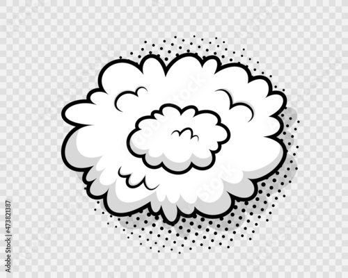 Comic cloud in pop art style. Speech bubble. Funny balloon. Cartoon element. Explosion bomb frame. Message shape with halftone. Sky air object. Vector illustration.