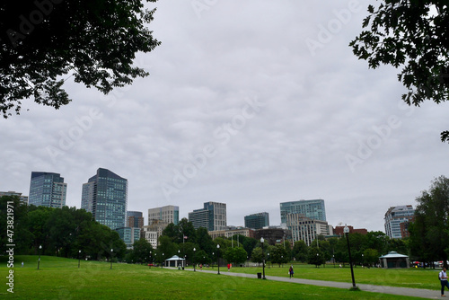Boston, Massachusetts, 18.07.2019. Boston skyline seen from Boston Common Park. 