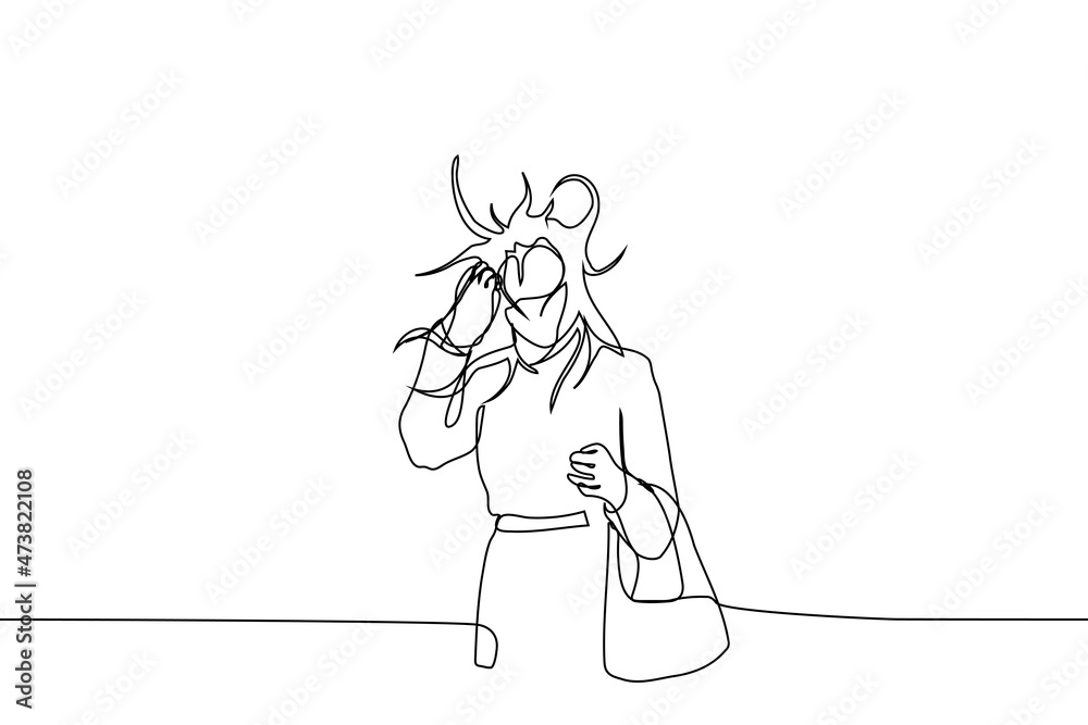 woman in coat and mask is holding bag her hair is flying away from the wind - one line drawing vector. long loose hair problem concept, spoiled hairstyle, strong wind