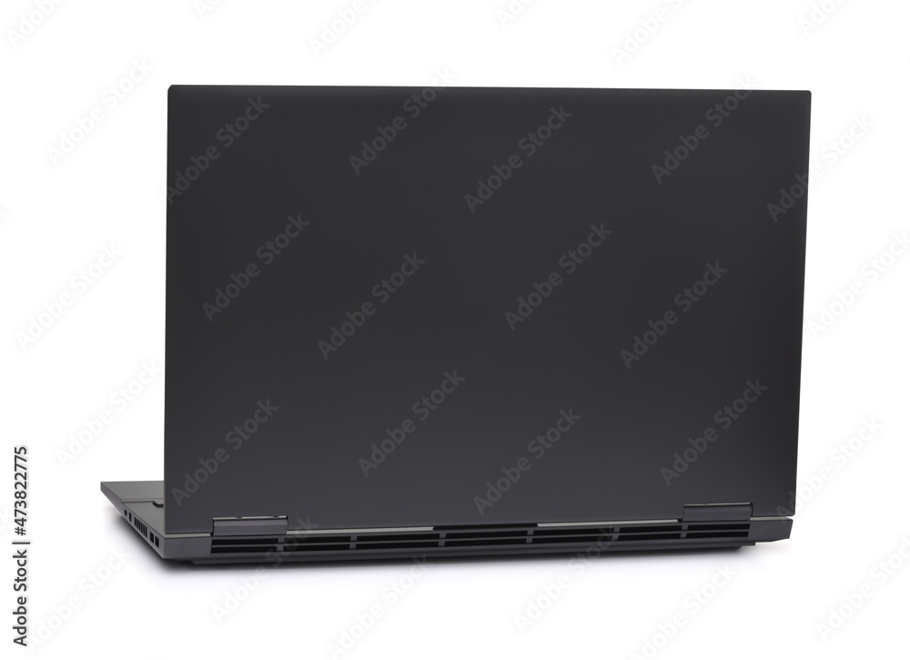 Back view of blank open gray slim laptop Back view of blank open gray slim laptop