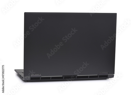 Back view of blank open gray slim laptop