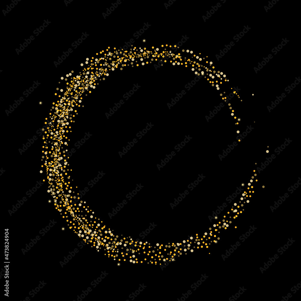 Gold glitter confetti on a black background. Scattered in a circle are shiny particles, sand. Decorative element, golden zen. Luxury background for your design, postcard, vector Gold glitter confetti on a black background. Scattered in a circle are shiny particles, sand. Decorative element, golden zen. Luxury background for your design, postcard, vector