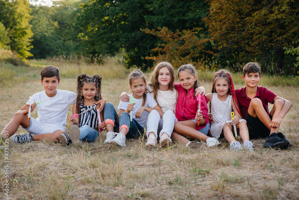 Fototapeta premium A large group of cheerful children sit on the grass in the Park and smile. Games in a children's camp