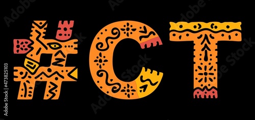 CT Hashtag. Multicolored bright isolate curves doodle letters. Hashtag #CT is abbreviation for the US American Connecticut for social network, web resources, mobile apps.