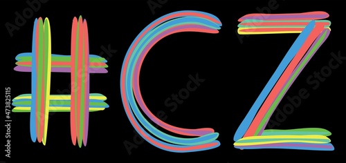 CZ Hashtag. Multicolored bright isolate curves doodle letters like from marker, oil paint. Hashtag #CZ is abbreviation for the Czech Republic for web resources, mobile apps.