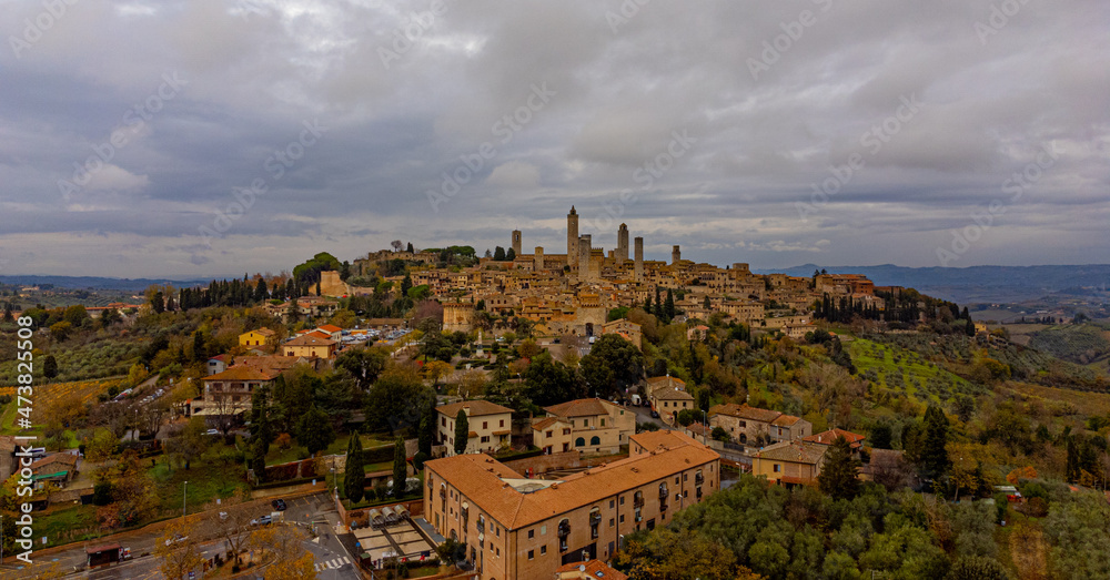 Village of San Gigmignano in Tuscany Italy - aerial view - travel photography