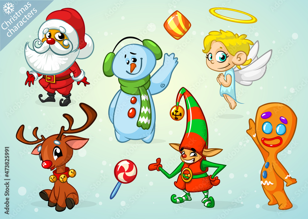 Set of cartoon Christmas characters. Illustrations of Santa Claus, reindeer, elf, snowman, angel. Vector