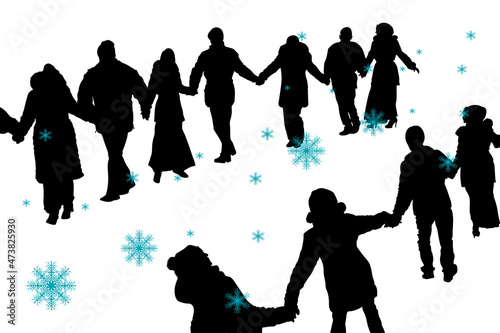 Vector silhouettes of a group of people men and women, hold hands go in a round dance. Celebration of the winter and New Year outdoors isolated on white, snowflakes on a background of people.