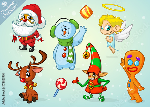Set of cartoon Christmas characters. Illustrations of Santa Claus  reindeer  elf  snowman  angel. Vector