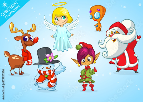 Fototapeta Naklejka Na Ścianę i Meble -  Set of cartoon Christmas characters. Illustrations of Santa Claus, reindeer, elf, snowman, angel. Vector