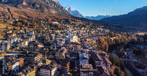 Cortina d Ampezzo in the Dolomites Italian Alps - aerial view - travel photography photo