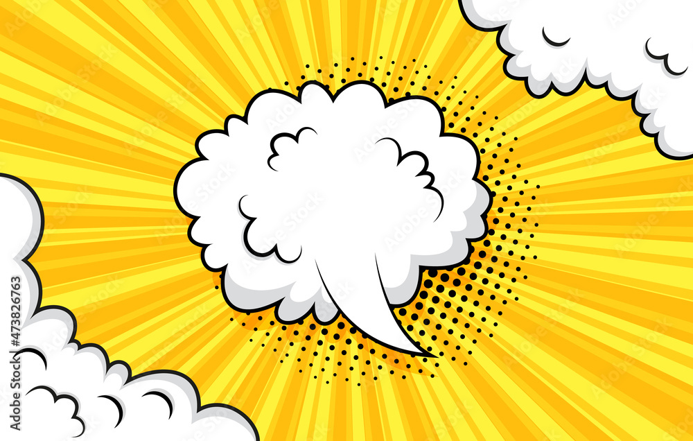 Pop art halftone background with speech bubble clouds. Funny banner in comic style. Retro yellow frame with smoke balloons and halftone. Cartoon bomb explosion. Sky air print. Vector illustration Pop art halftone background with speech bubble clouds. Funny banner in comic style. Retro yellow frame with smoke balloons and halftone. Cartoon bomb explosion. Sky air print. Vector illustration