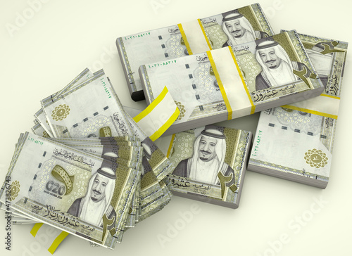 New design Saudi riyal bundles isolated on white background. Including clipping path photo