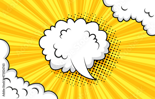 Pop art halftone background with speech bubble clouds. Funny banner in comic style. Retro yellow frame with smoke balloons and halftone. Cartoon bomb explosion. Sky air print. Vector illustration