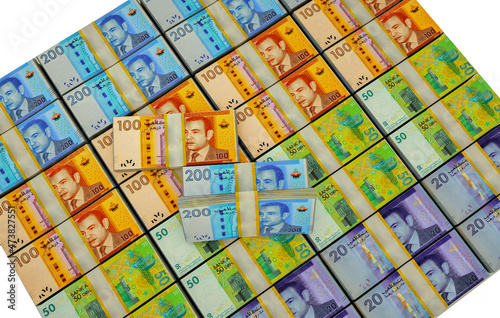 Money stacks. 200, 100 and 50 Moroccan dirhamss. 3D illustration.