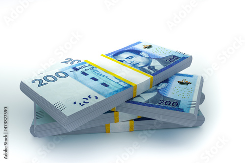 Money stacks. 200 Moroccan dirhams. 3D illustration. photo