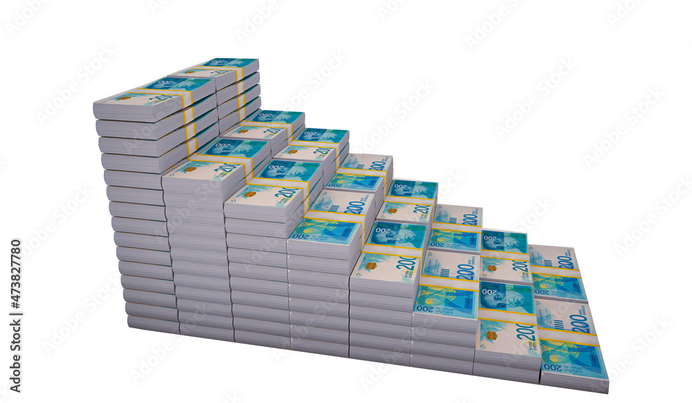 Money stacks graph. Two hundred Israeli Shekel. 3D illustration.