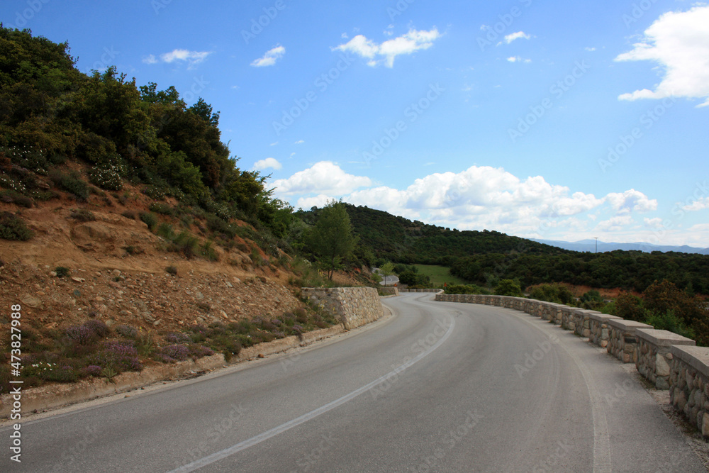Asphalt road in the mountains. Beautiful nature around. Traveling by car on a bright, sunny day.
