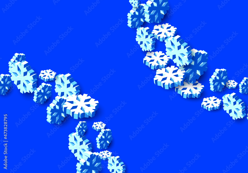 Winter background with snowstorm and sprayed snowflakes for New Years Eve holidays or abstract Christmas greeting card. 3D isometric vector Xmas snowflake shapes.