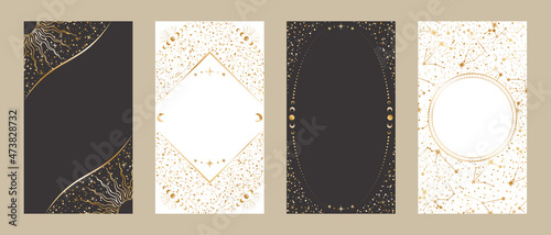 Celestial card templates for stories and web banners with a copy space. Festive vector backgrounds set. Four elegant shiny golden frames with stars, constellations, crescents and place for text photo