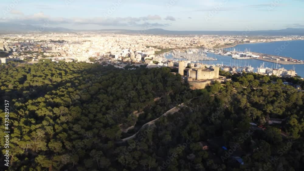 Panoramic shot left to right of Mellorca and Bellver Gotic Castle - 4k video Panoramic shot left to right of Mellorca and Bellver Gotic Castle - 4k video