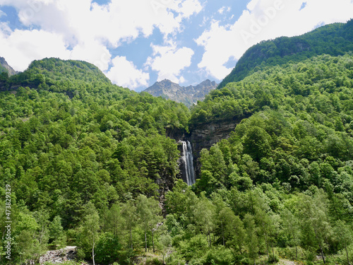 Waterfall in Verzasca Valley, Ticino, in lush-green landscape. Switzerland.