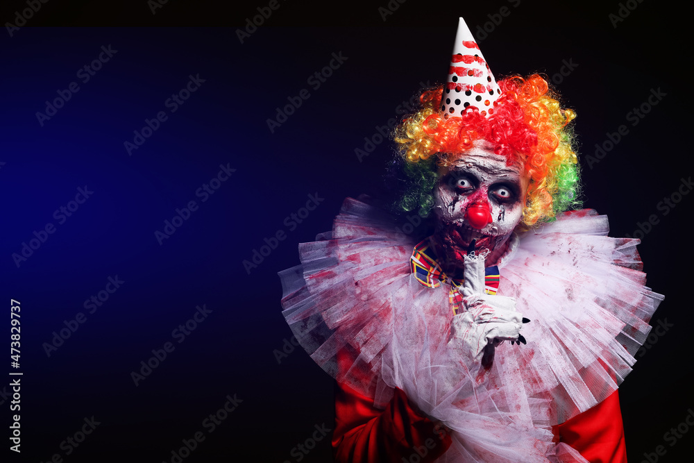 custom made wallpaper toronto digitalTerrifying clown on dark background, space for text. Halloween party costume