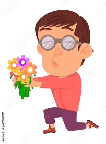 Romantic boy. Cartoon guy holding a bouquet of flowers
