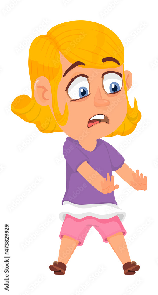 Scared kid. Denying child. Unhappy cartoon character Scared kid. Denying child. Unhappy cartoon character