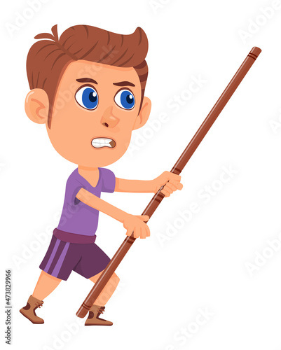 Boy with fighting stick. Attacking angry kid in cartoon style