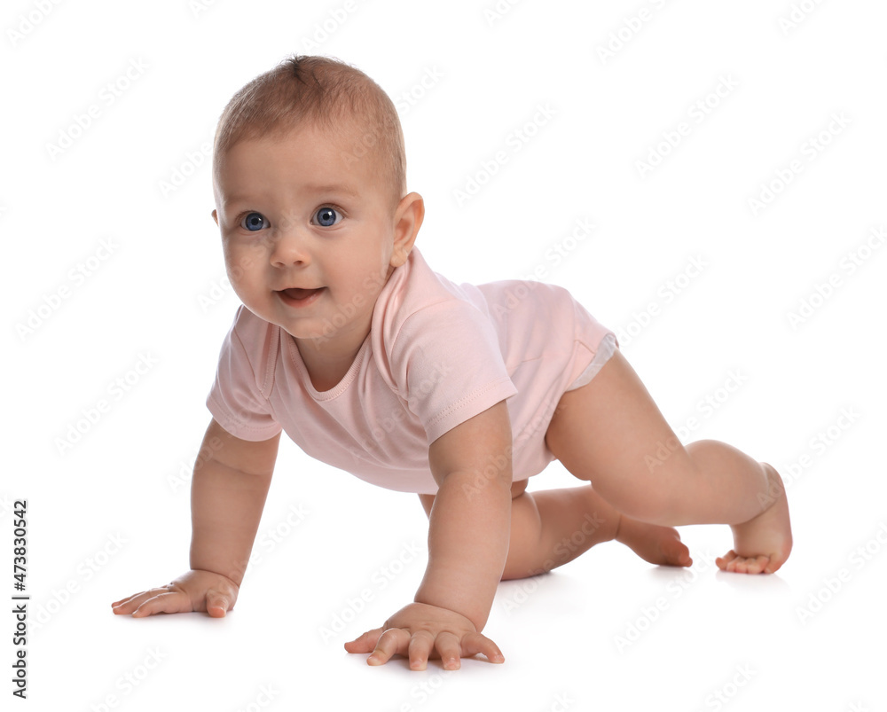 Cute little baby girl crawling on white background Cute little baby girl crawling on white background