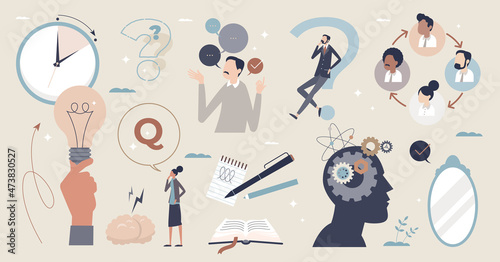 Genius hour items with innovative process in work tiny person collection set. Creative thinking elements and time for personal inspirational project and idea development for hour vector illustration.