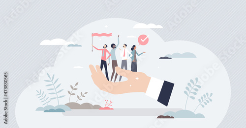 Employee retention or labor motivation to stay in work tiny person concept. Staff loyalty, workforce protection and human resources care vector illustration. Keeping high satisfaction for hired people photo